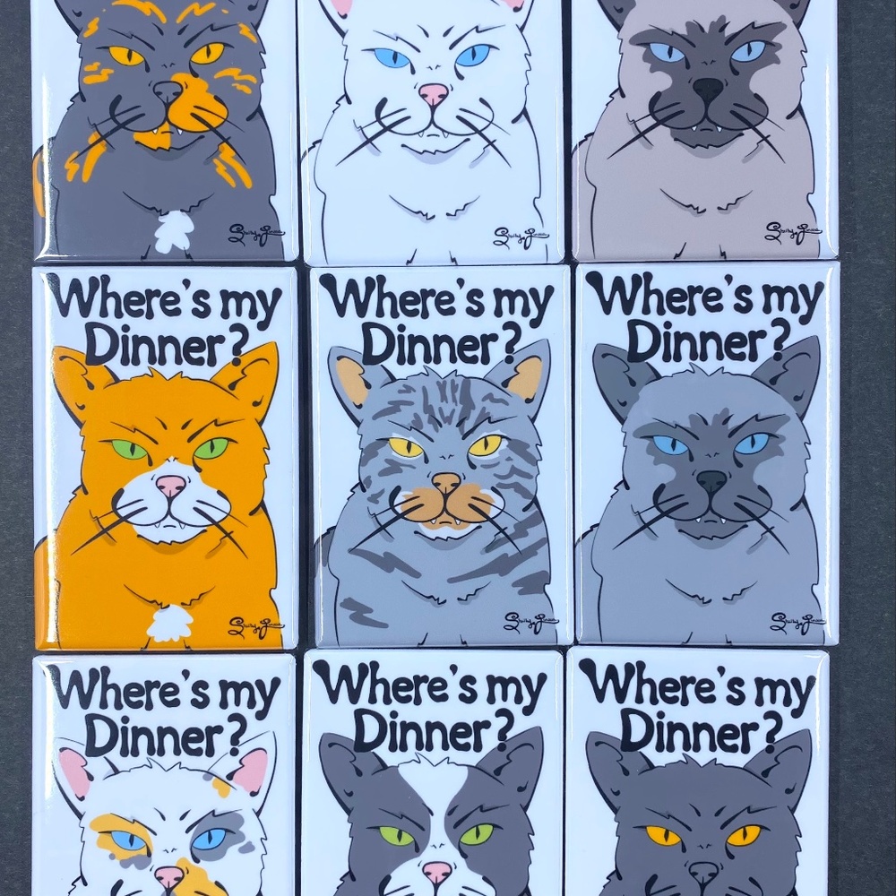 Funny Cat Magnet Where's my Dinner? Handmade Pet Portrait Decor Gift 2x3"